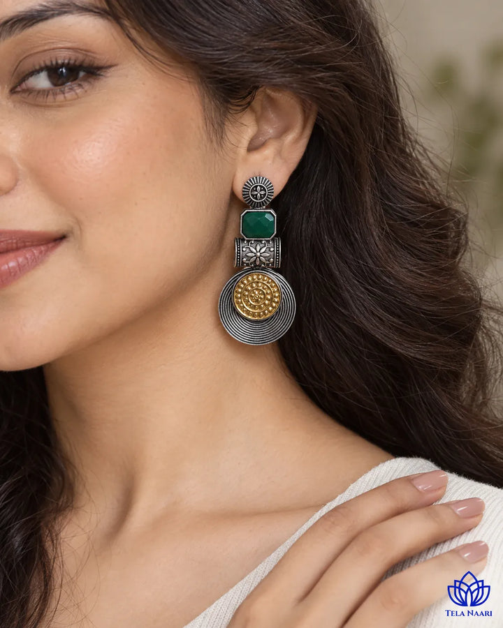 Aashtha Dual Tone Silver-Plated Green Earrings