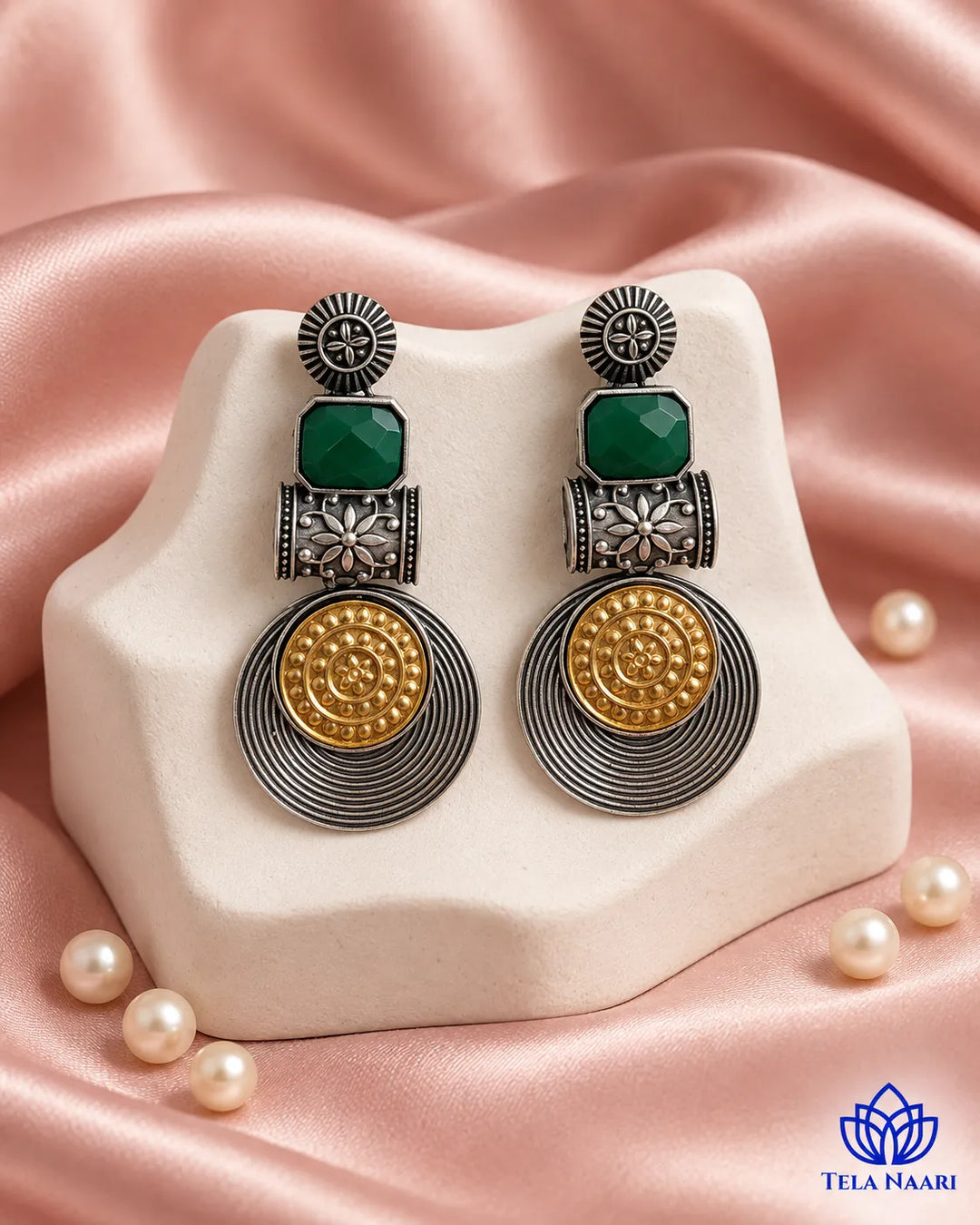 Aashtha Dual Tone Silver-Plated Green Earrings