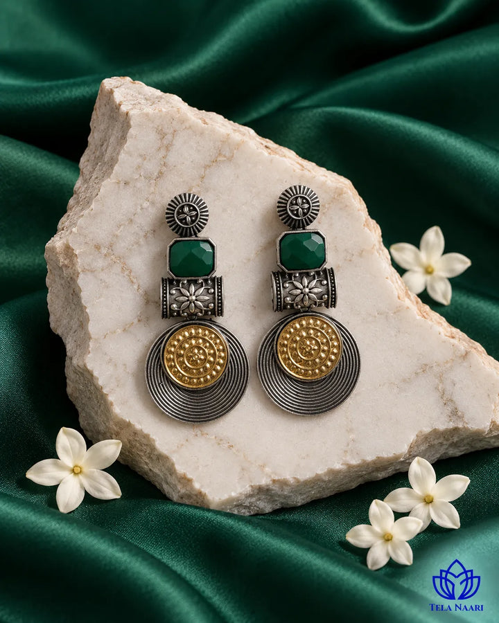 Aashtha Dual Tone Silver-Plated Green Earrings