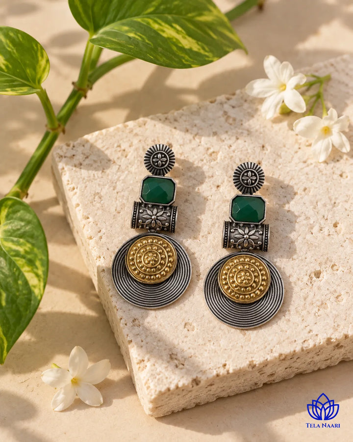 Aashtha Dual Tone Silver-Plated Green Earrings