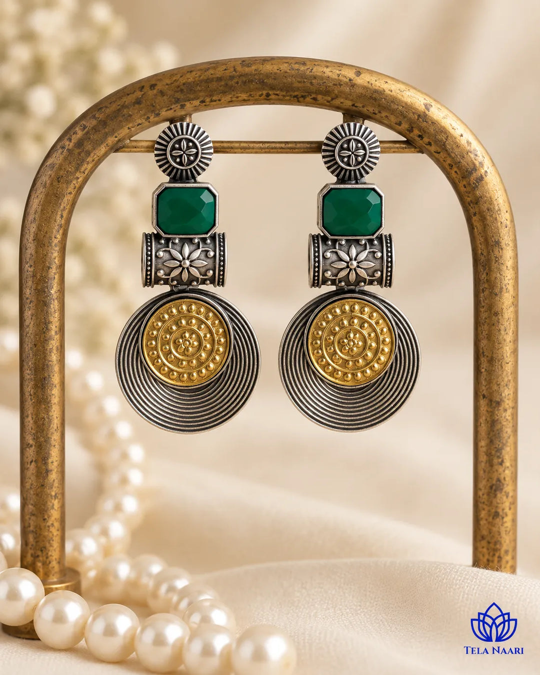 Aashtha Dual Tone Silver-Plated Green Earrings