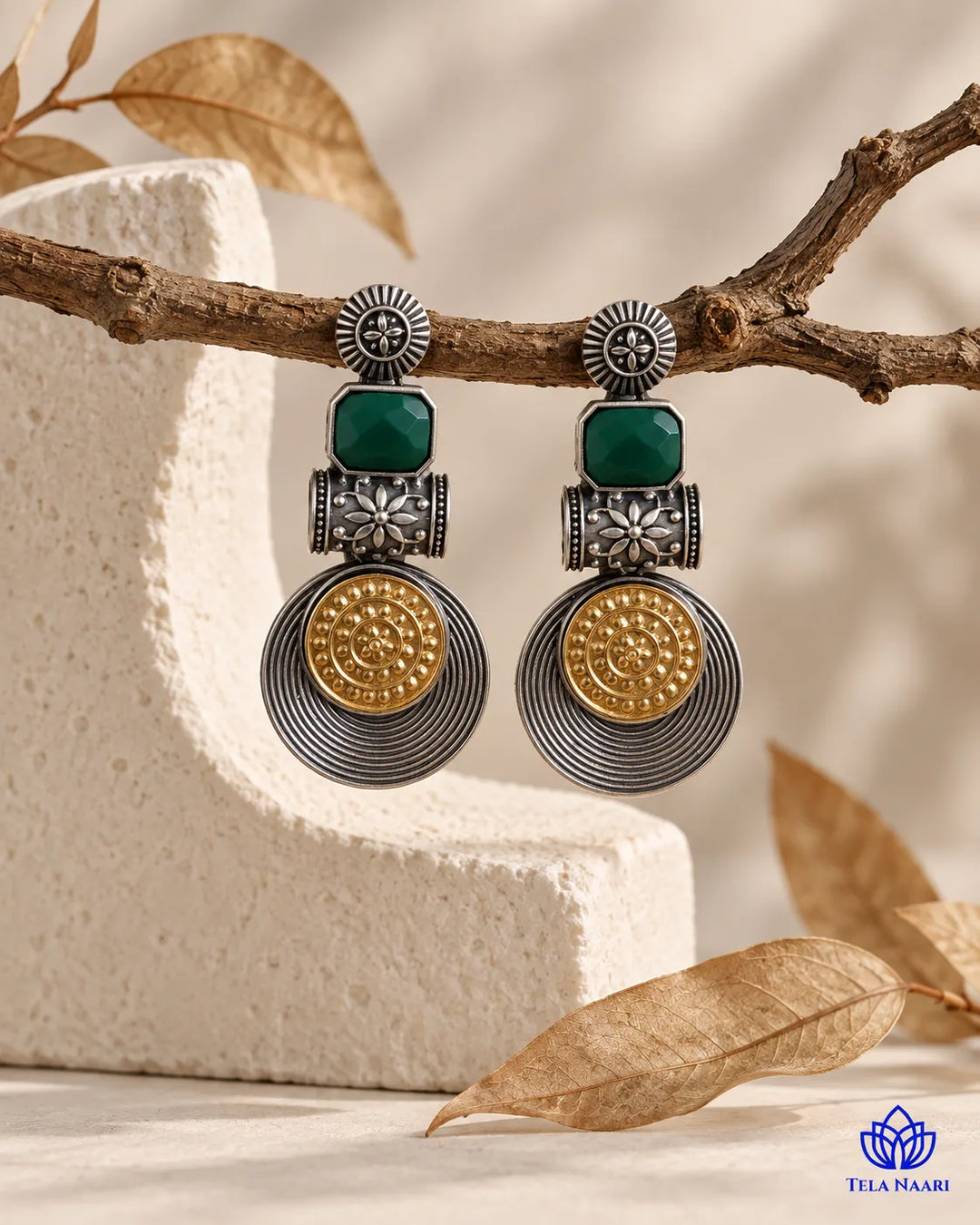 Aashtha Dual Tone Silver-Plated Green Earrings