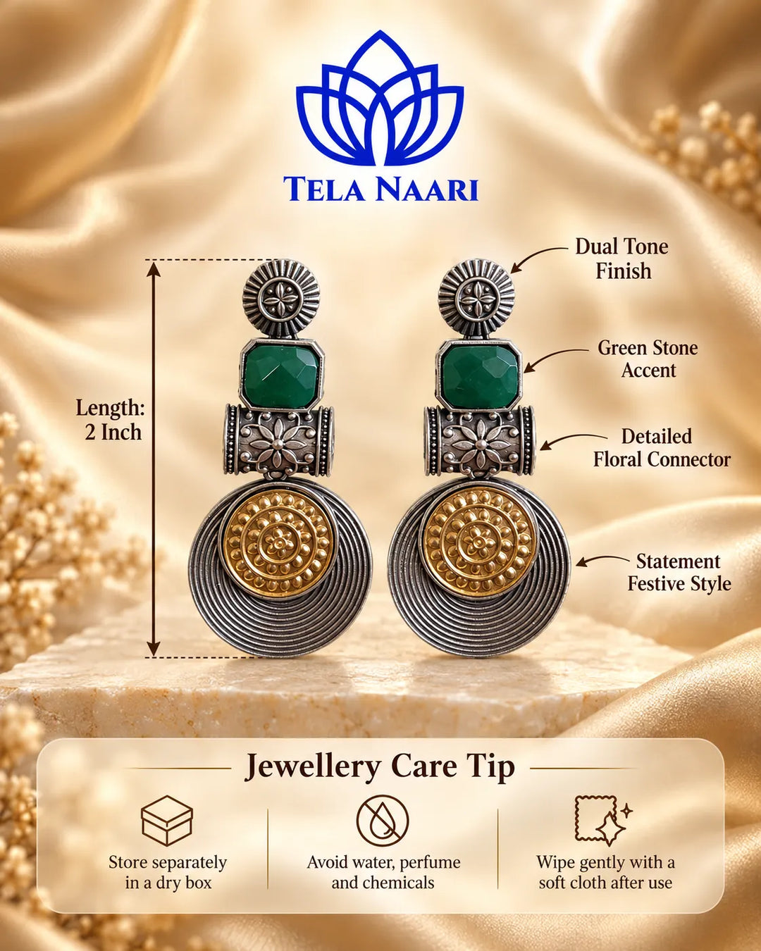 Aashtha Dual Tone Silver-Plated Green Earrings