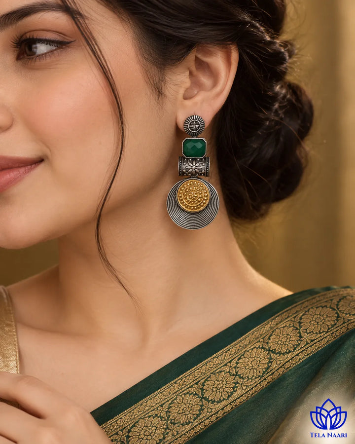 Aashtha Dual Tone Silver-Plated Green Earrings