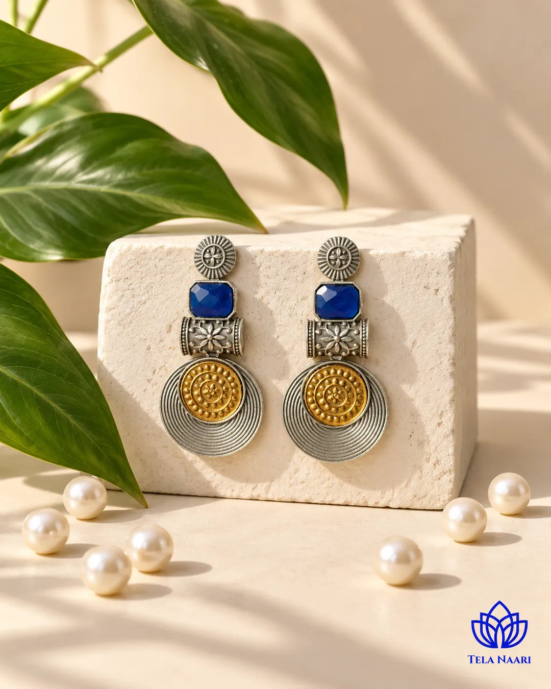 Aashtha Dual Tone Silver-Plated Blue Earrings
