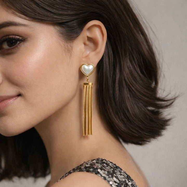 Tarnish-Free Heart Pearl Dangle Earrings