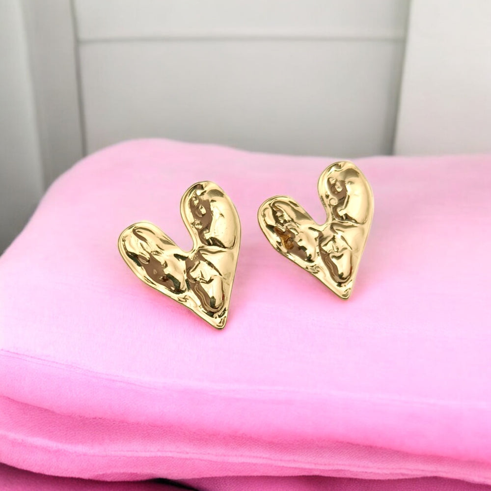 Telanaari Voguish 18K Gold Plated Stainless Steel Jini Tarnish-Free Waterproof Hammered Textured Heart Stud Earrings - TelaNaari