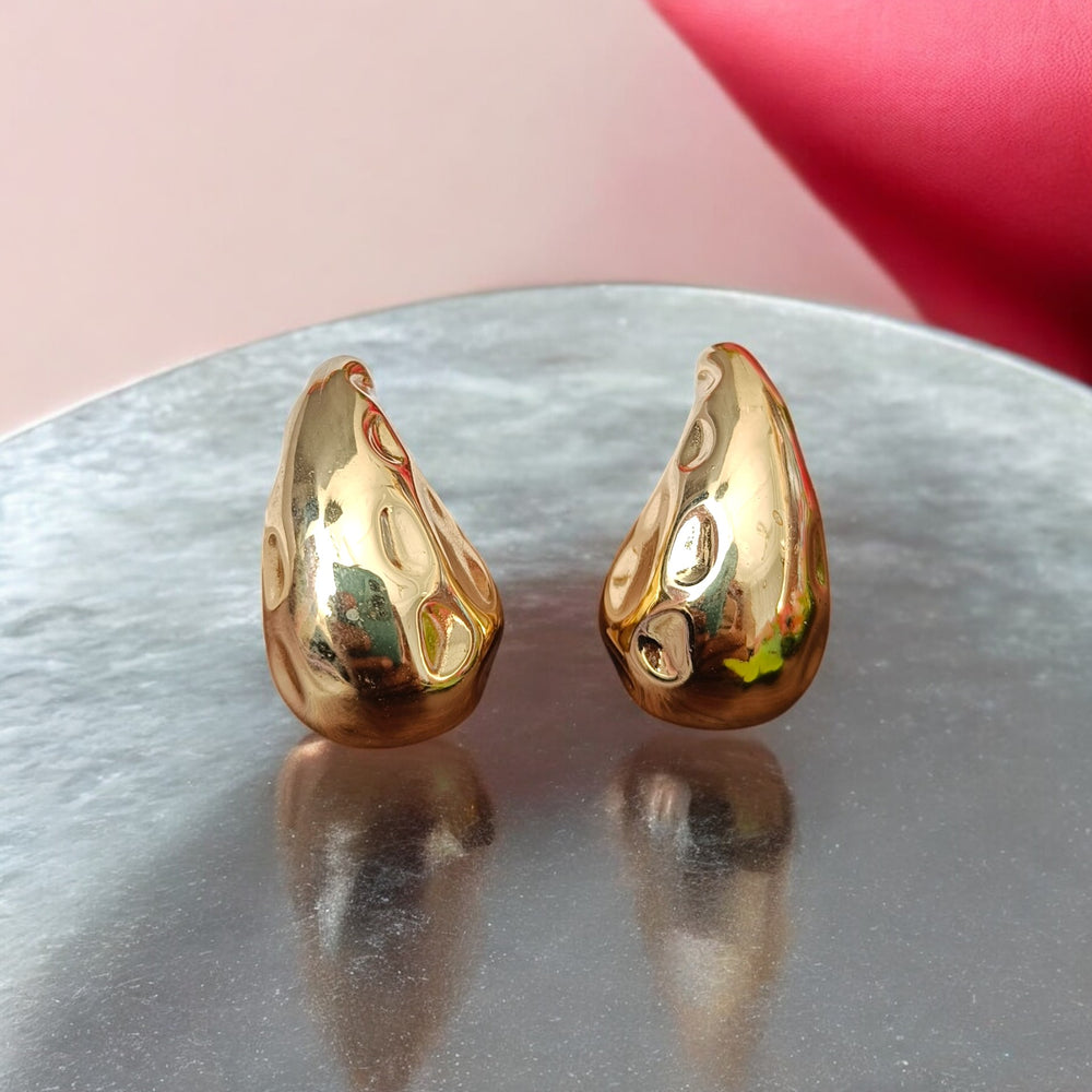 Telanaari Voguish 18K Gold Plated Stainless Steel Gisi Tarnish-Free Waterproof Hammered Textured Teardrop Earrings - TelaNaari