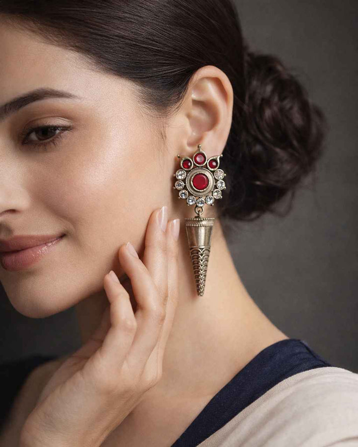 Artisian Vanya Ruby-Red Stone Silver-Plated Flower Earrings