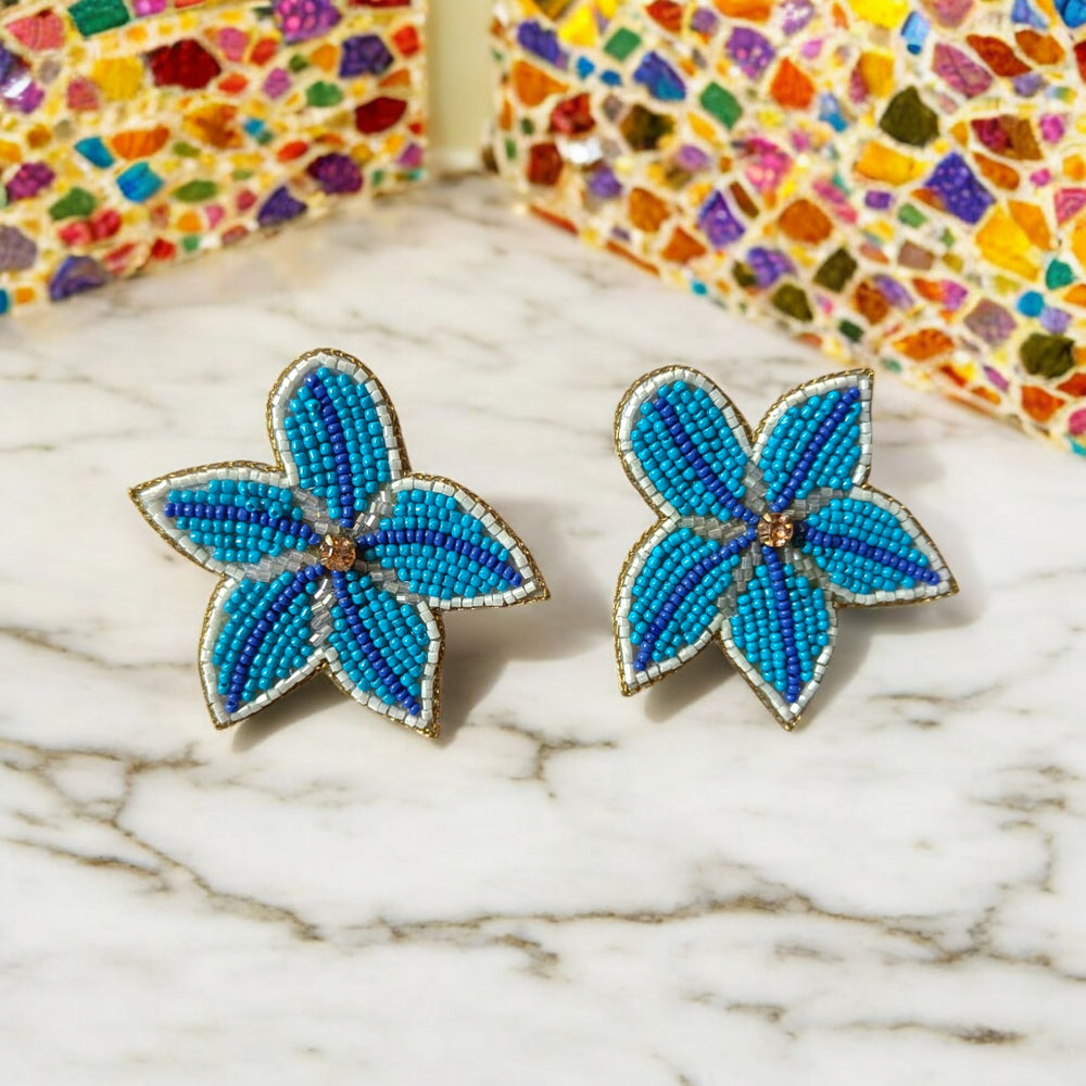 Tela Naari Handcrafted Blue Beaded Floral Earrings – Statement Studs - TelaNaari