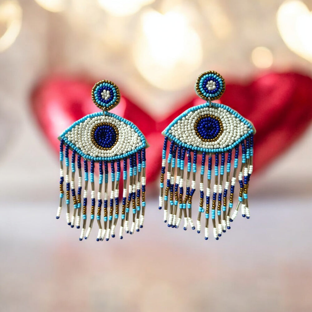 Tela Naari Handcrafted Evil Eye Beaded Fringe Earrings – Boho Luxe Statement Jewellery - TelaNaari