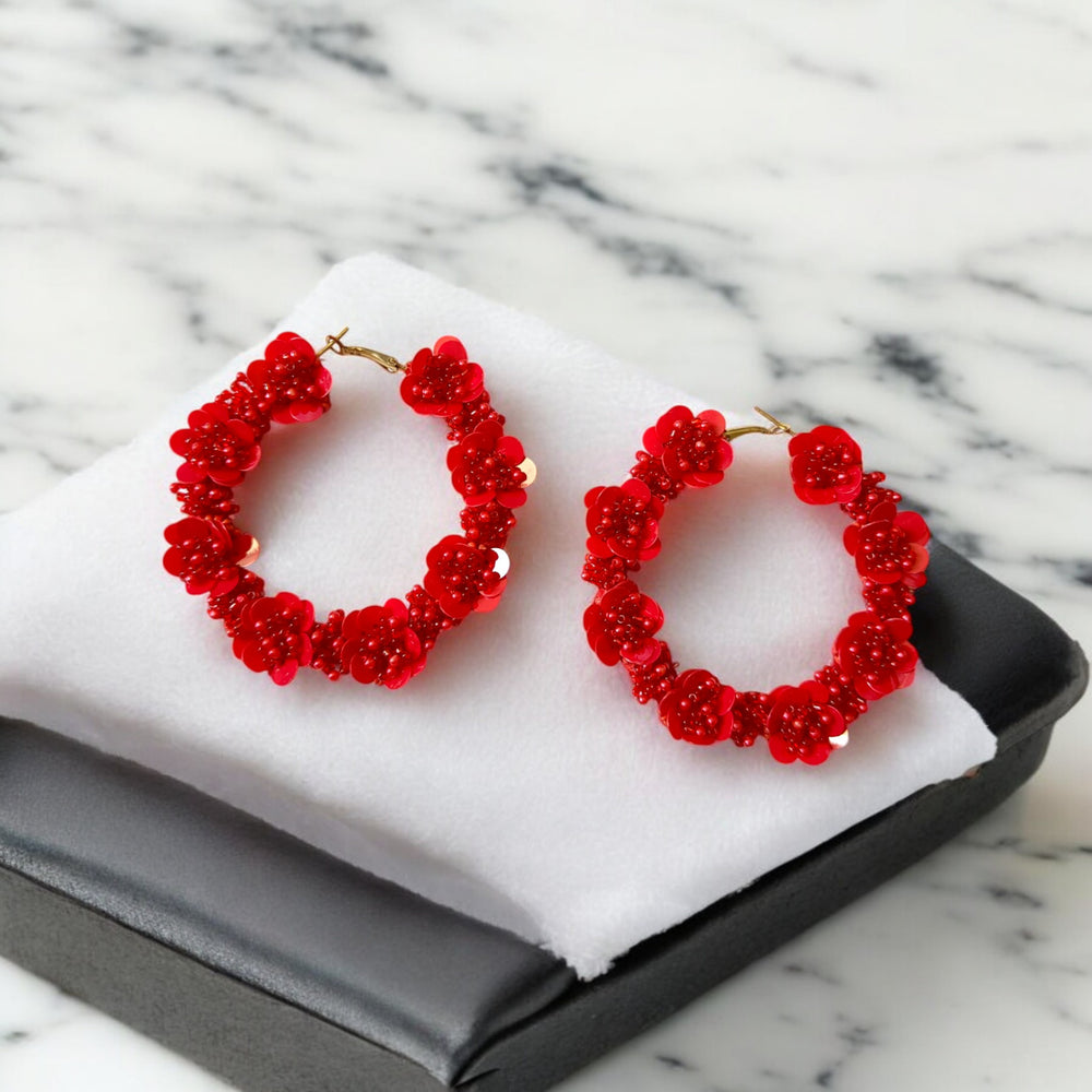 Tela Naari Handmade Red Floral Hoop Earrings – Elegant Statement Jewellery - TelaNaari