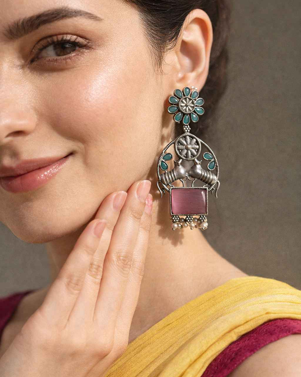 Tela Naari Charming Silver Oxidised Earrings