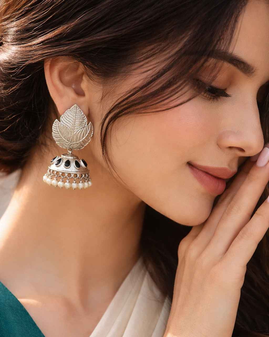 Telanaari Leaf Silver-Plated Jhumka Earrings