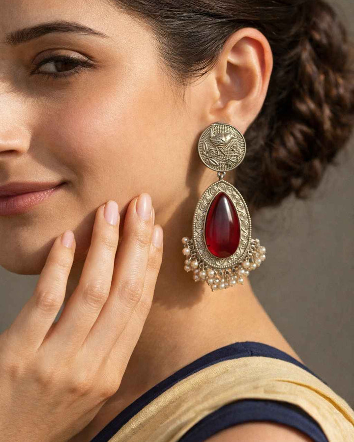 Silver Oxidised Pearl Earrings Adya