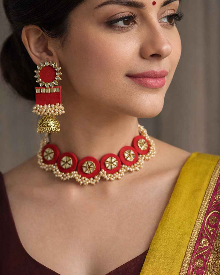 Telanaari Red Handmade Fabric Choker Necklace Set with Earrings