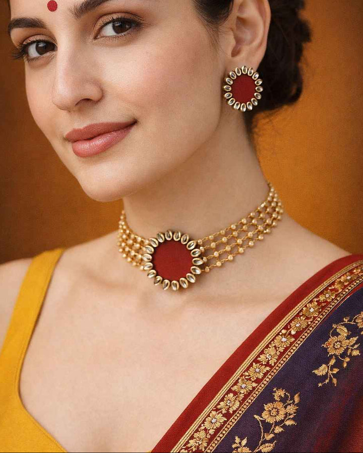 HANDMADE FABRIC CHOKER NECKLACE WITH EARRINGS NAVYA MAROON