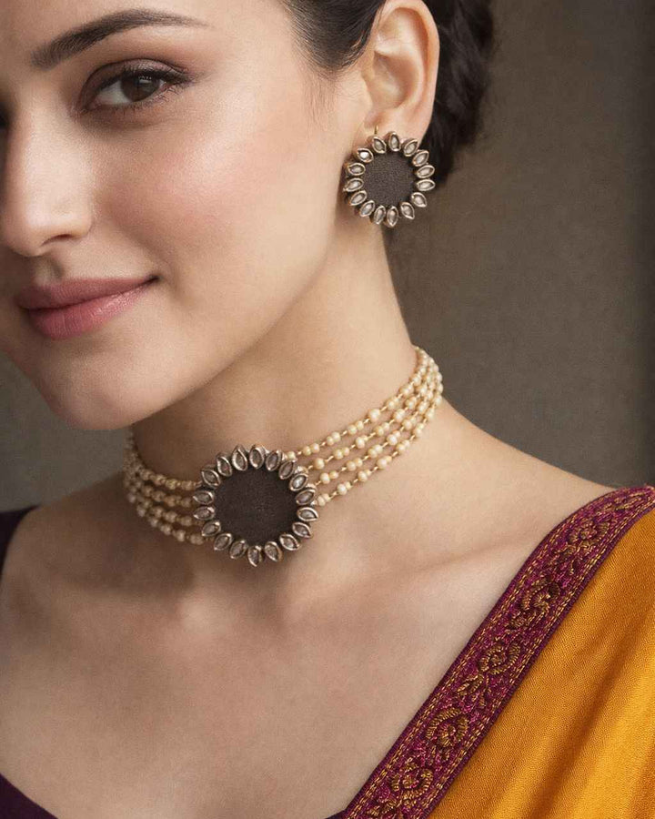 HANDMADE FABRIC CHOKER NECKLACE WITH EARRINGS NAVYA OLIVE GREEN