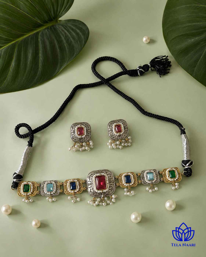 Nisha Multicolor Silver Plated Dual Tone Choker Necklace Set