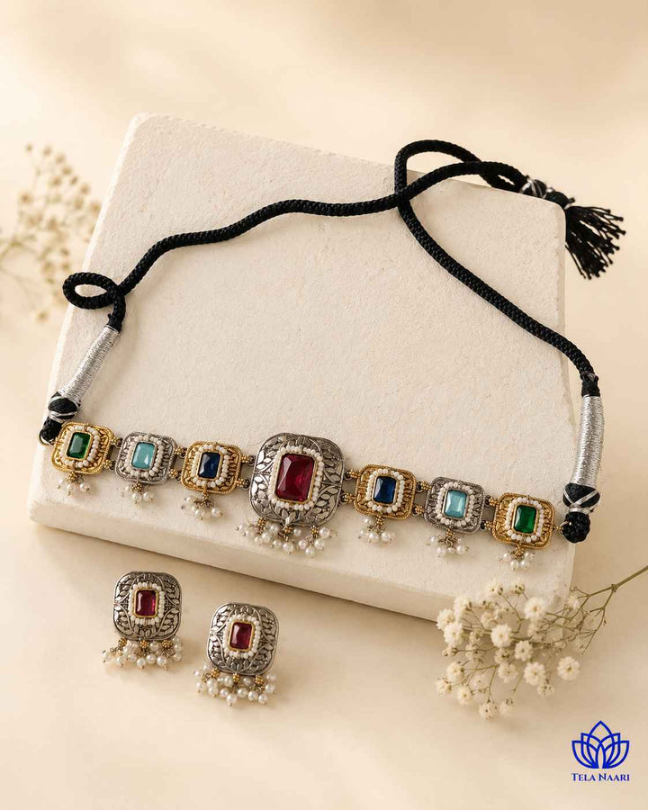 Nisha Multicolor Silver Plated Dual Tone Choker Necklace Set