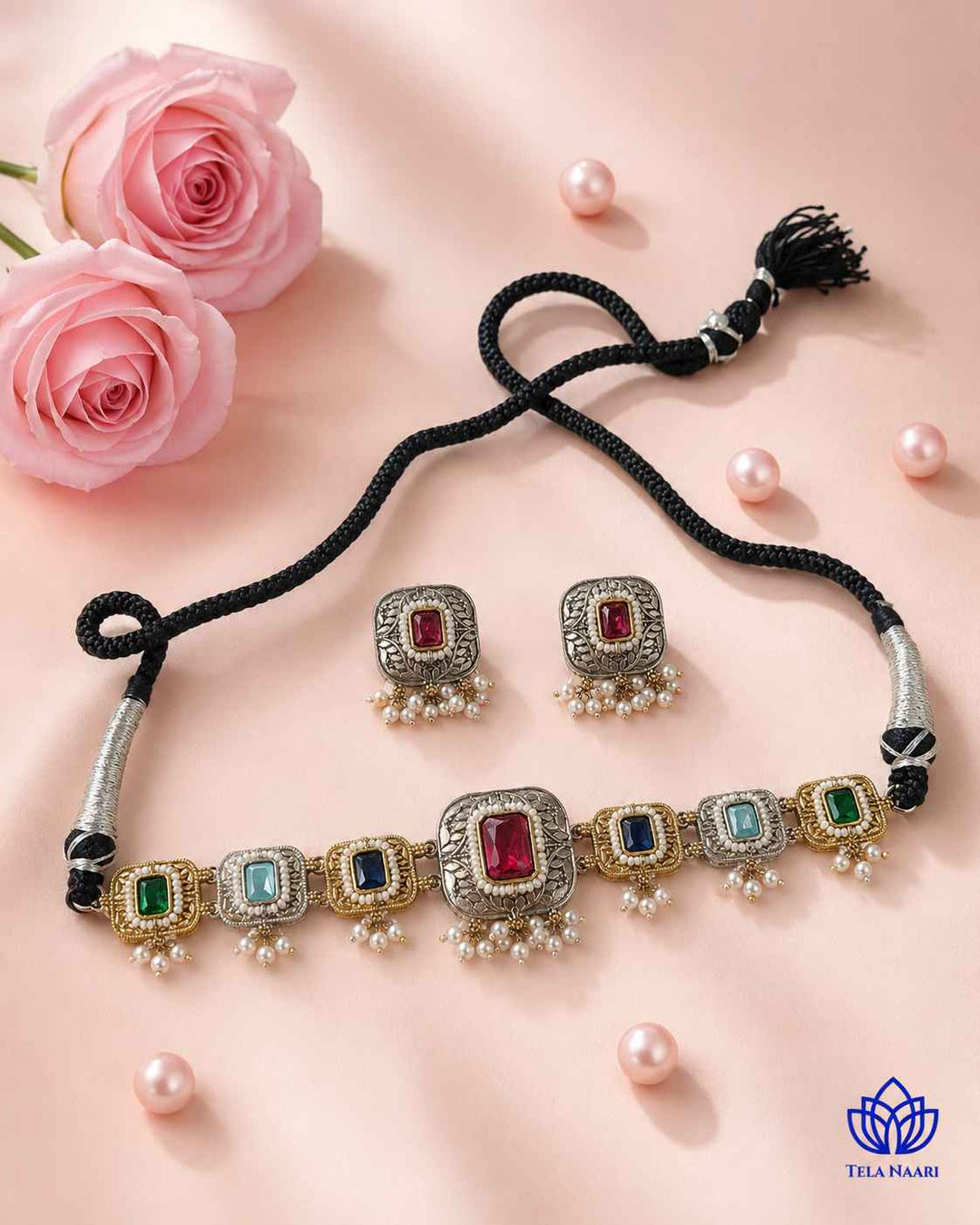 Nisha Multicolor Silver Plated Dual Tone Choker Necklace Set