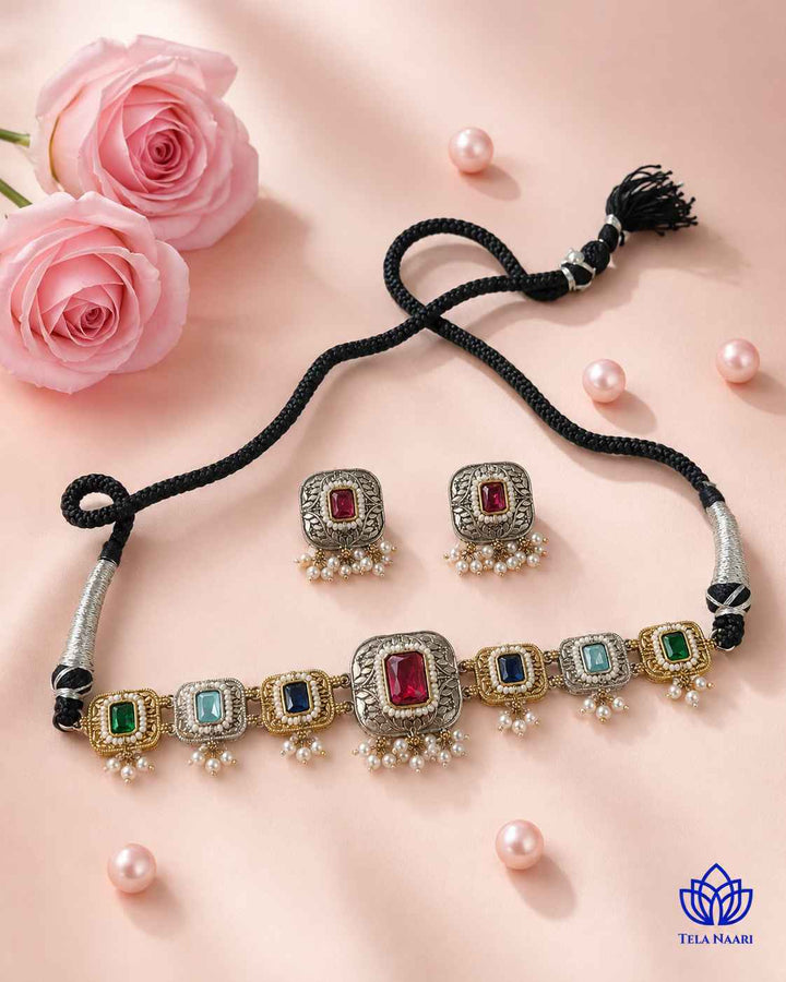 Nisha Multicolor Silver Plated Dual Tone Choker Necklace Set