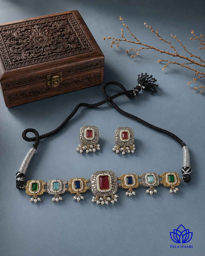 Nisha Multicolor Silver Plated Dual Tone Choker Necklace Set