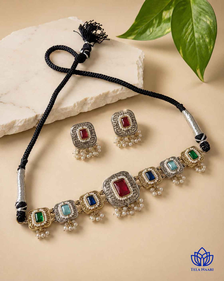 Nisha Multicolor Silver Plated Dual Tone Choker Necklace Set