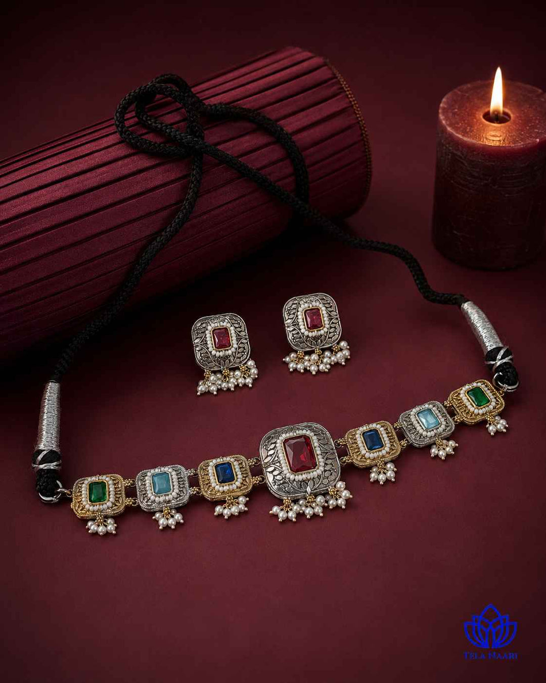 Nisha Multicolor Silver Plated Dual Tone Choker Necklace Set