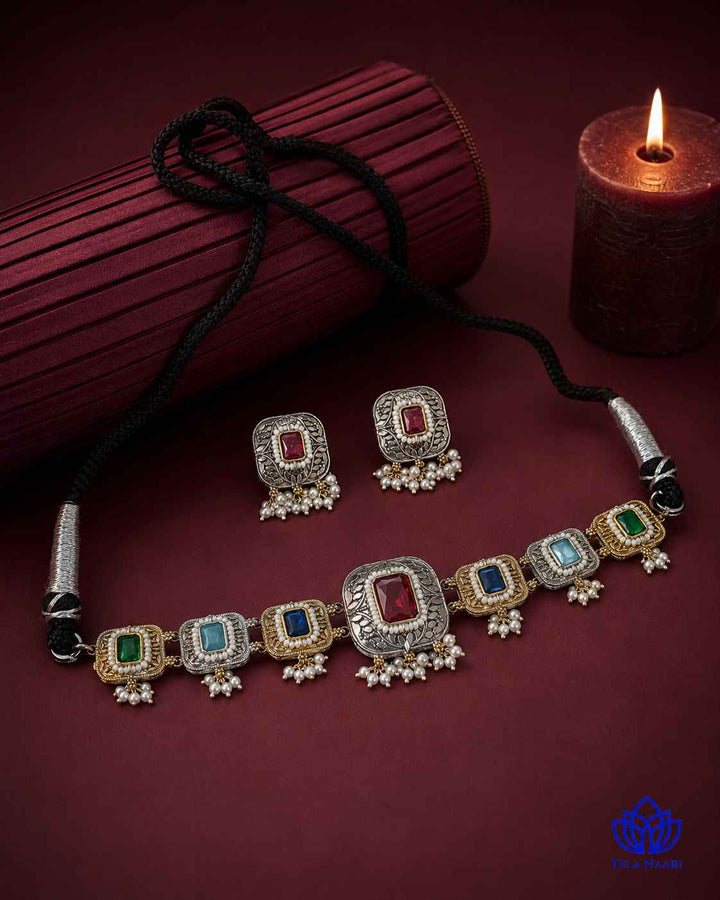 Nisha Multicolor Silver Plated Dual Tone Choker Necklace Set