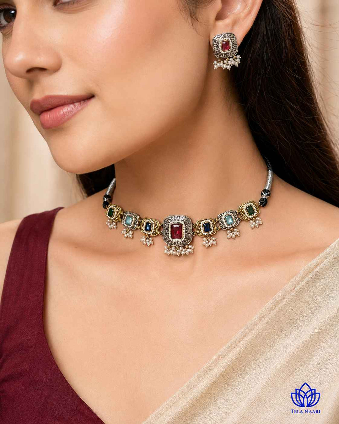 Nisha Multicolor Silver Plated Dual Tone Choker Necklace Set