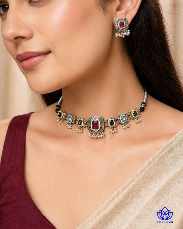Nisha Multicolor Silver Plated Dual Tone Choker Necklace Set