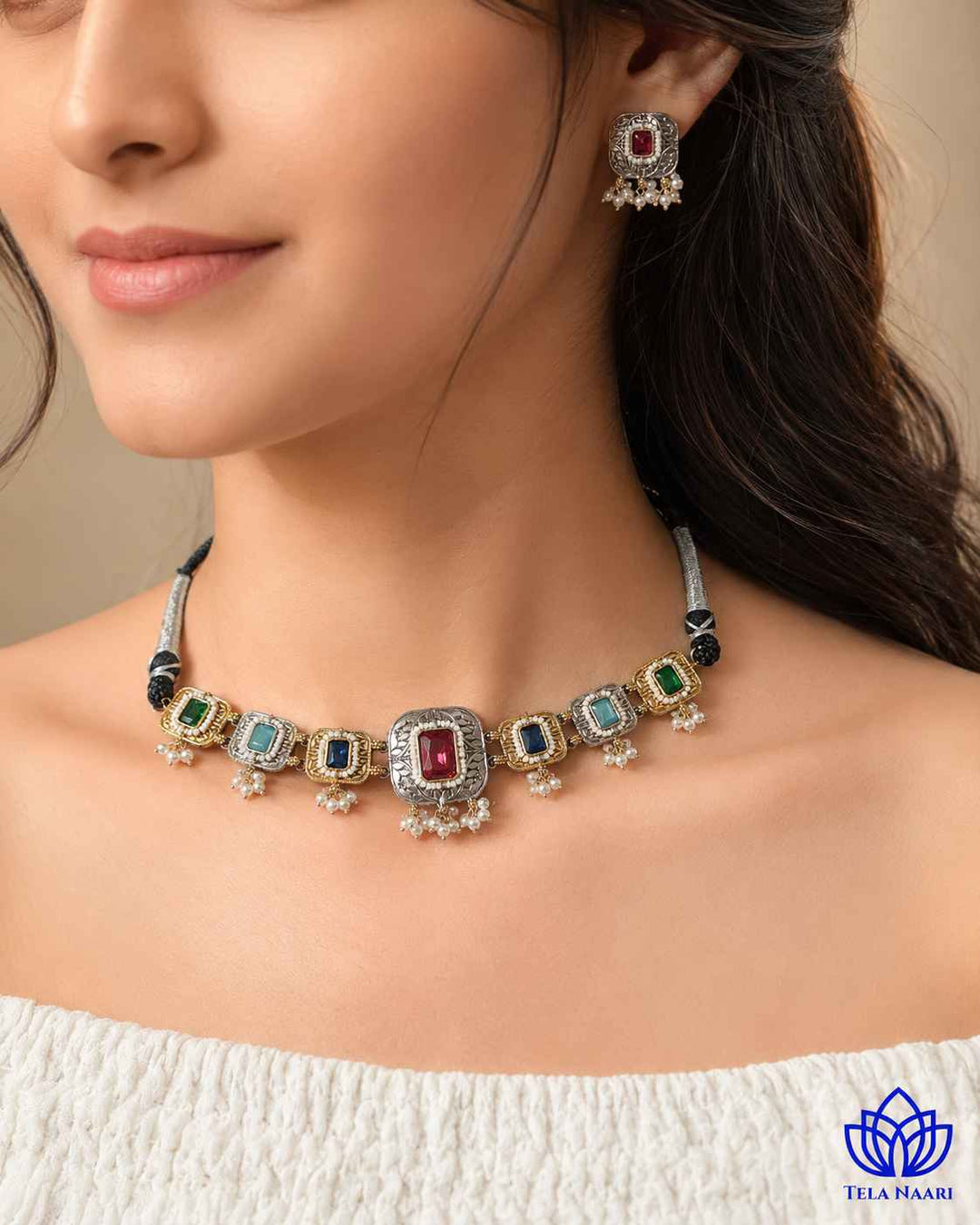 Nisha Multicolor Silver Plated Dual Tone Choker Necklace Set