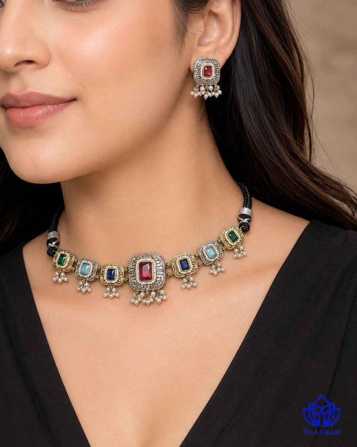 Nisha Multicolor Silver Plated Dual Tone Choker Necklace Set