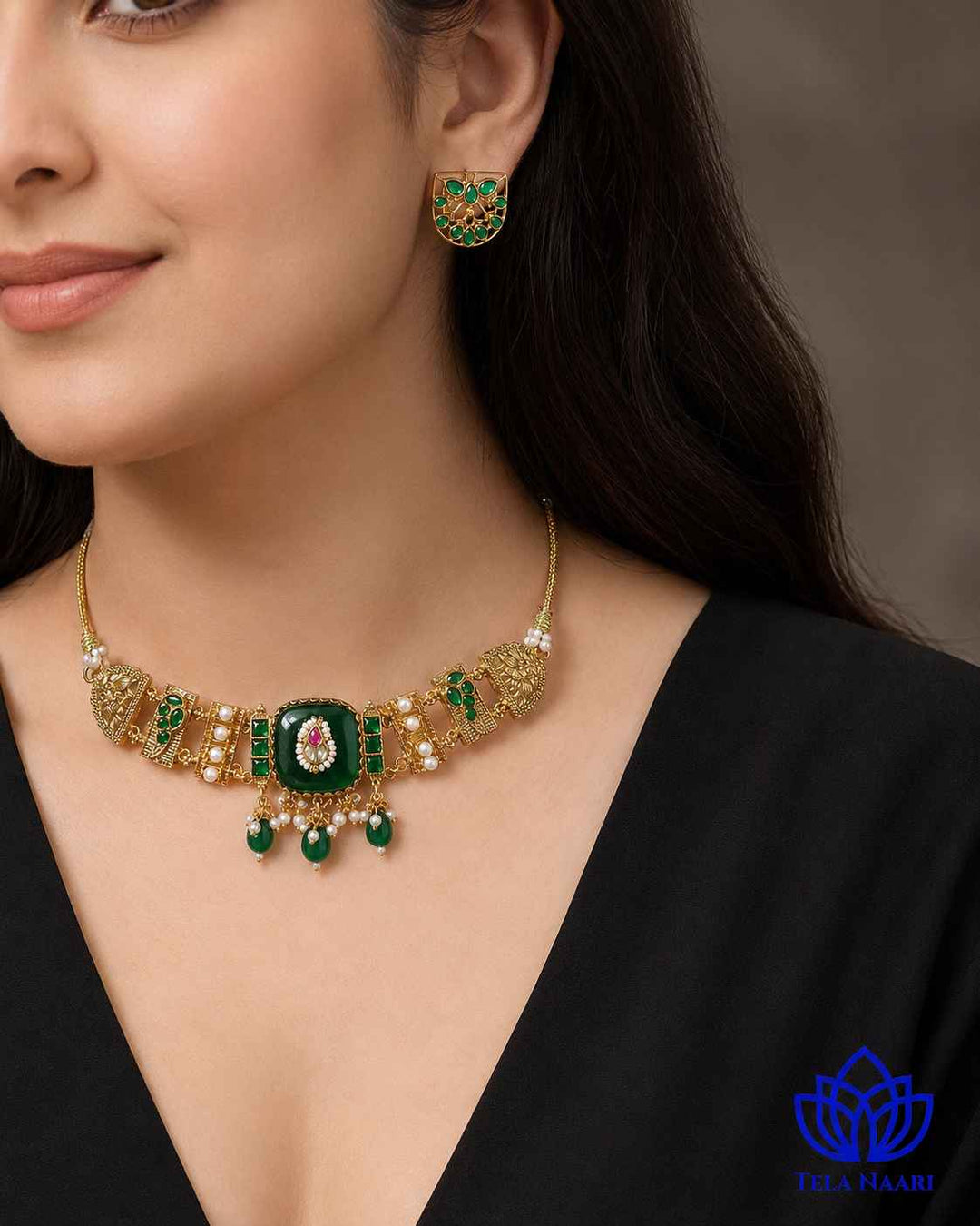 Padma Gold Plated Green Stone Pearl Choker Necklace Set