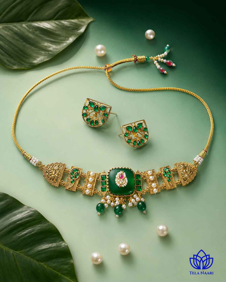 Padma Gold Plated Green Stone Pearl Choker Necklace Set