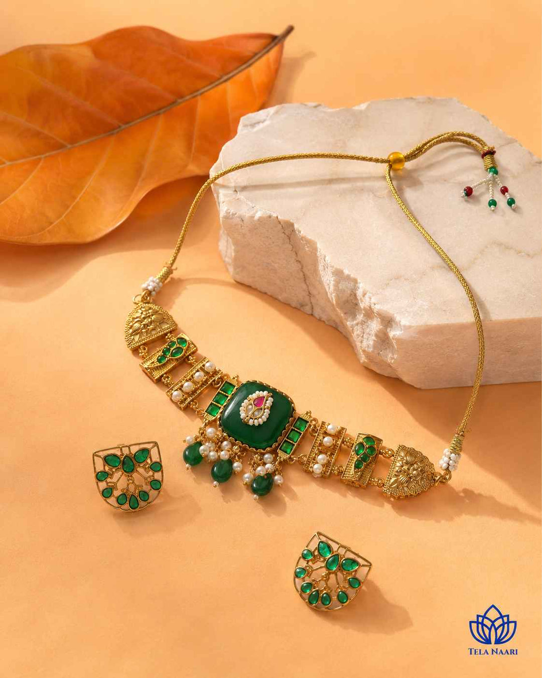 Padma Gold Plated Green Stone Pearl Choker Necklace Set