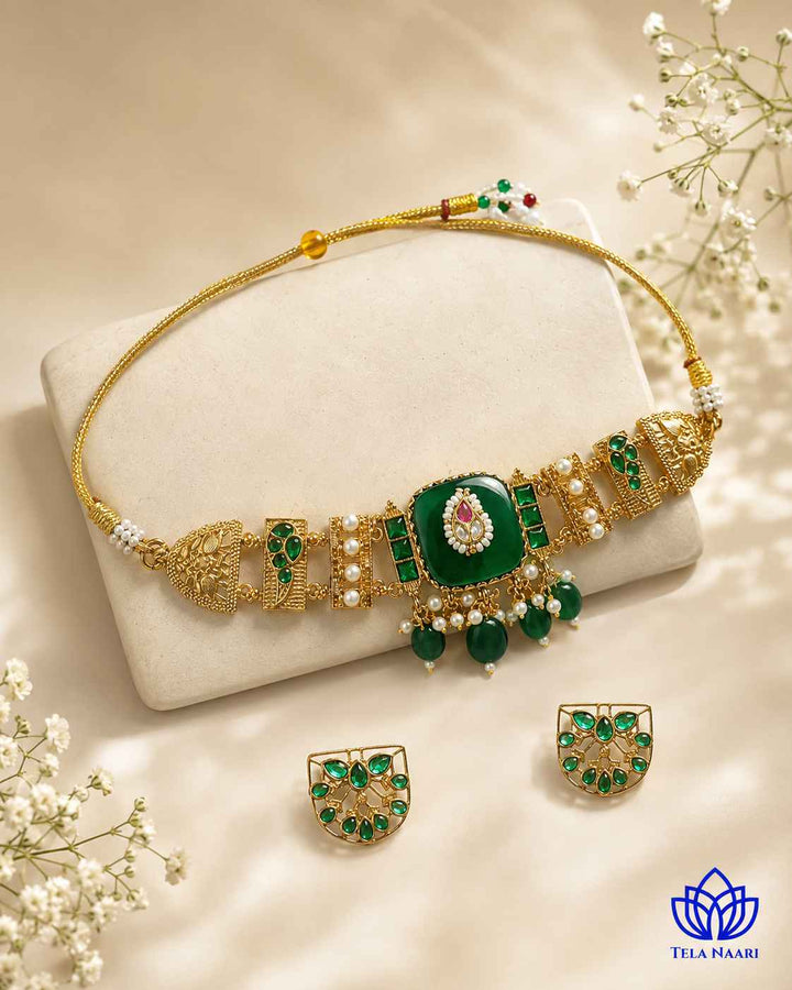 Padma Gold Plated Green Stone Pearl Choker Necklace Set