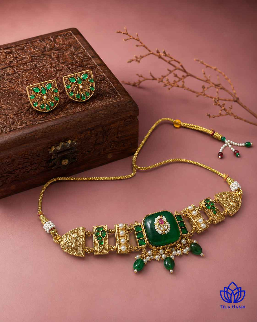 Padma Gold Plated Green Stone Pearl Choker Necklace Set