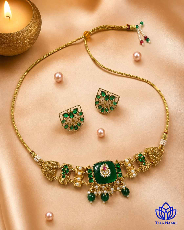 Padma Gold Plated Green Stone Pearl Choker Necklace Set
