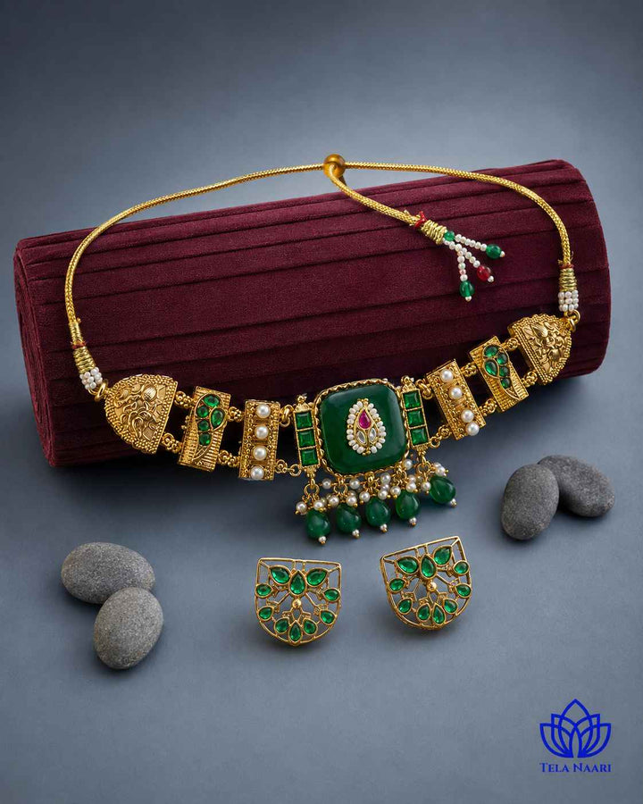 Padma Gold Plated Green Stone Pearl Choker Necklace Set