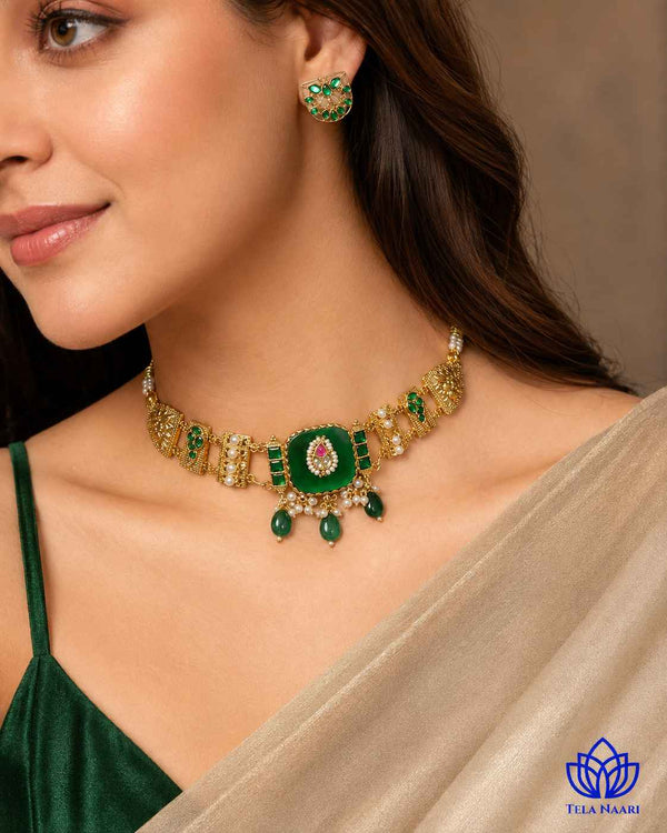 Padma Gold Plated Green Stone Pearl Choker Necklace Set