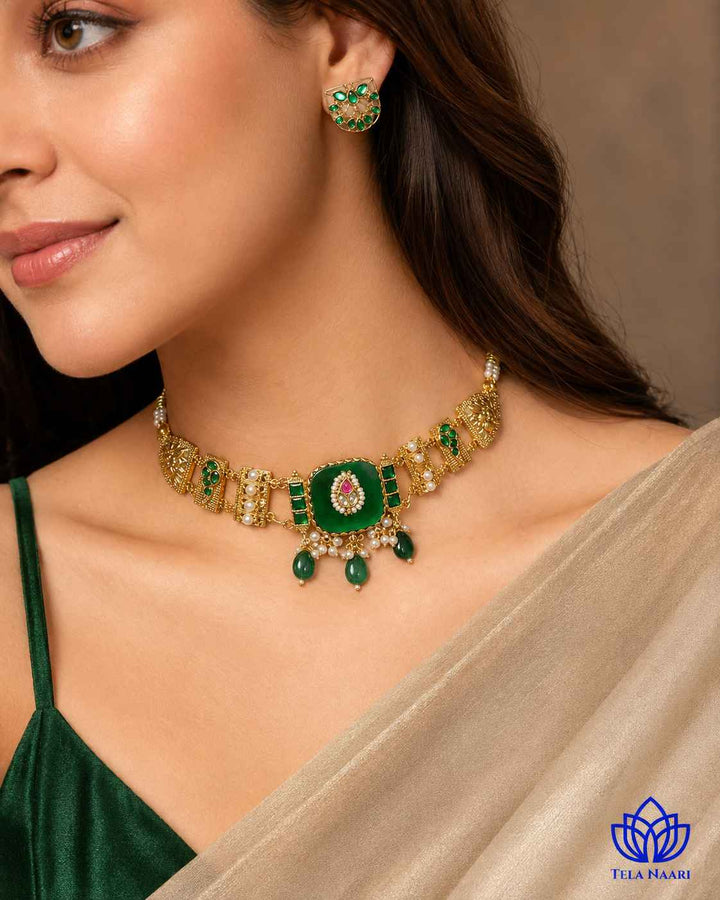 Padma Gold Plated Green Stone Pearl Choker Necklace Set