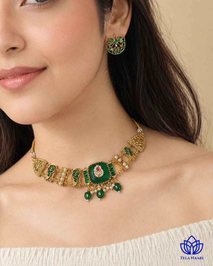 Padma Gold Plated Green Stone Pearl Choker Necklace Set