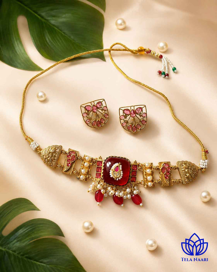 Ojaswi Gold Plated Red Stone Pearl Choker Necklace Set