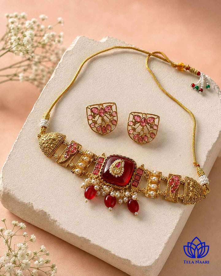 Ojaswi Gold Plated Red Stone Pearl Choker Necklace Set