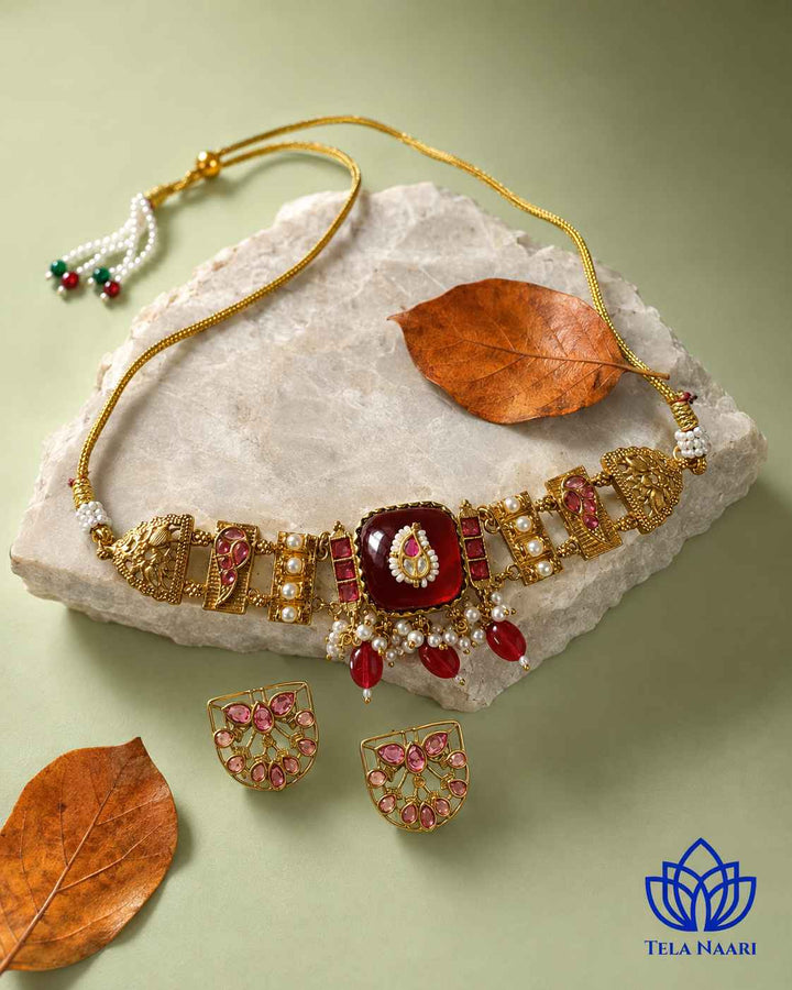 Ojaswi Gold Plated Red Stone Pearl Choker Necklace Set