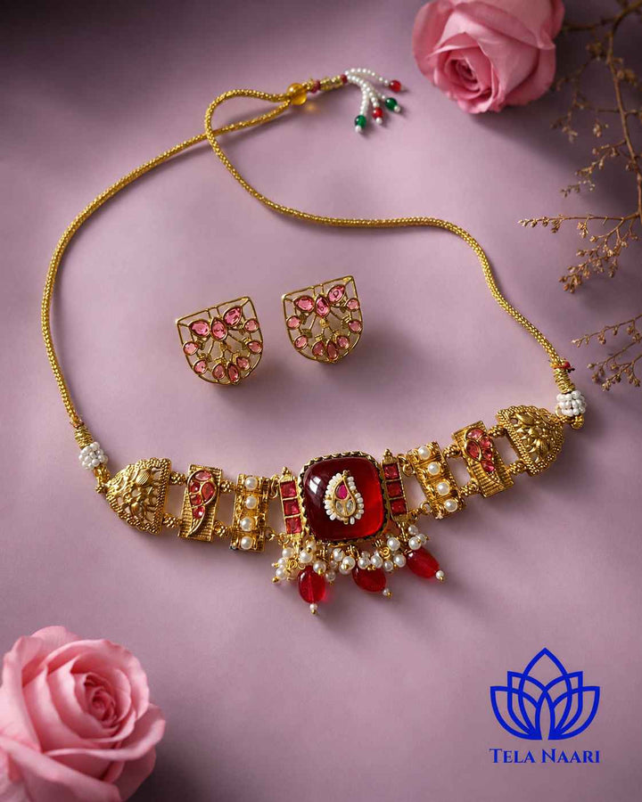 Ojaswi Gold Plated Red Stone Pearl Choker Necklace Set