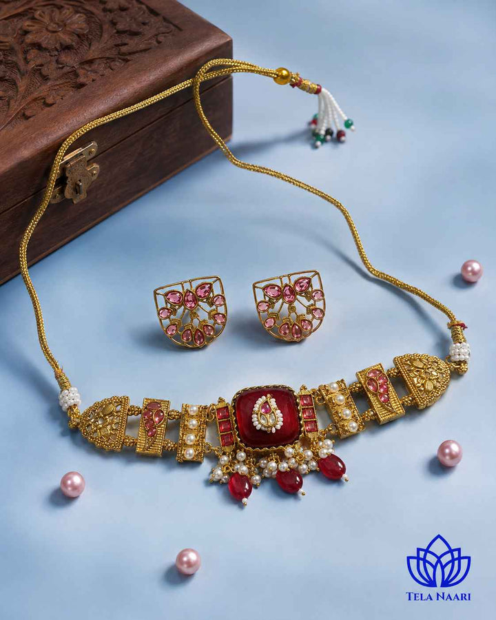 Ojaswi Gold Plated Red Stone Pearl Choker Necklace Set