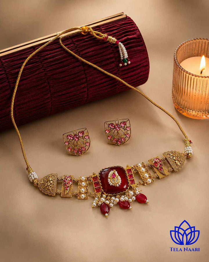 Ojaswi Gold Plated Red Stone Pearl Choker Necklace Set